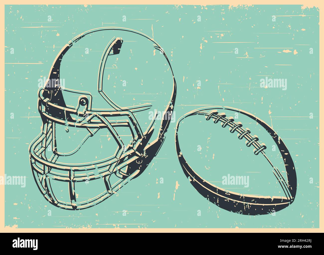 Stilisierte Vektordarstellung eines American-Football-Helms und -Balls im Retro-Poster-Stil Stock Vektor