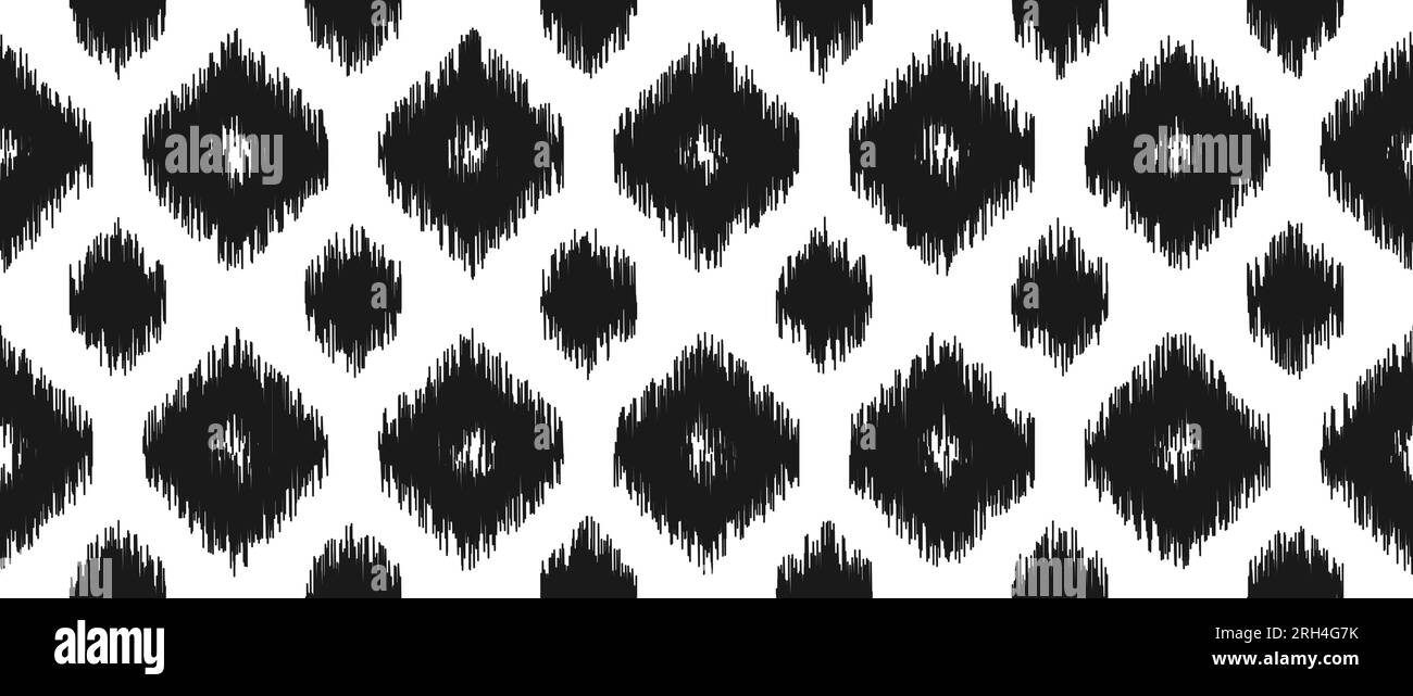 Nahtloses schwarz-weißes Ikat-Muster. Ethnischer einfarbiger Hintergrund mit Diamanten. Dekorativer Tribal-Stoff und Muster aus Textil. Abstrakte Vektor-asiatische Volksteintapete Stock Vektor