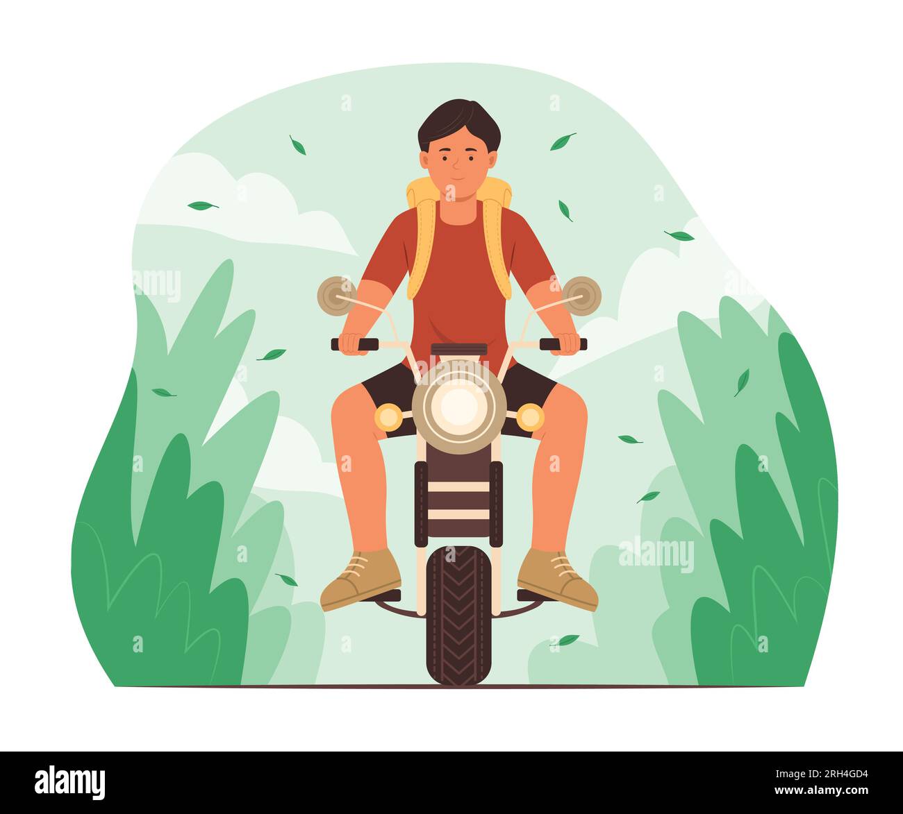 Mann mit Rucksack reitet ein Motorrad für Reisen in die Natur Stock Vektor