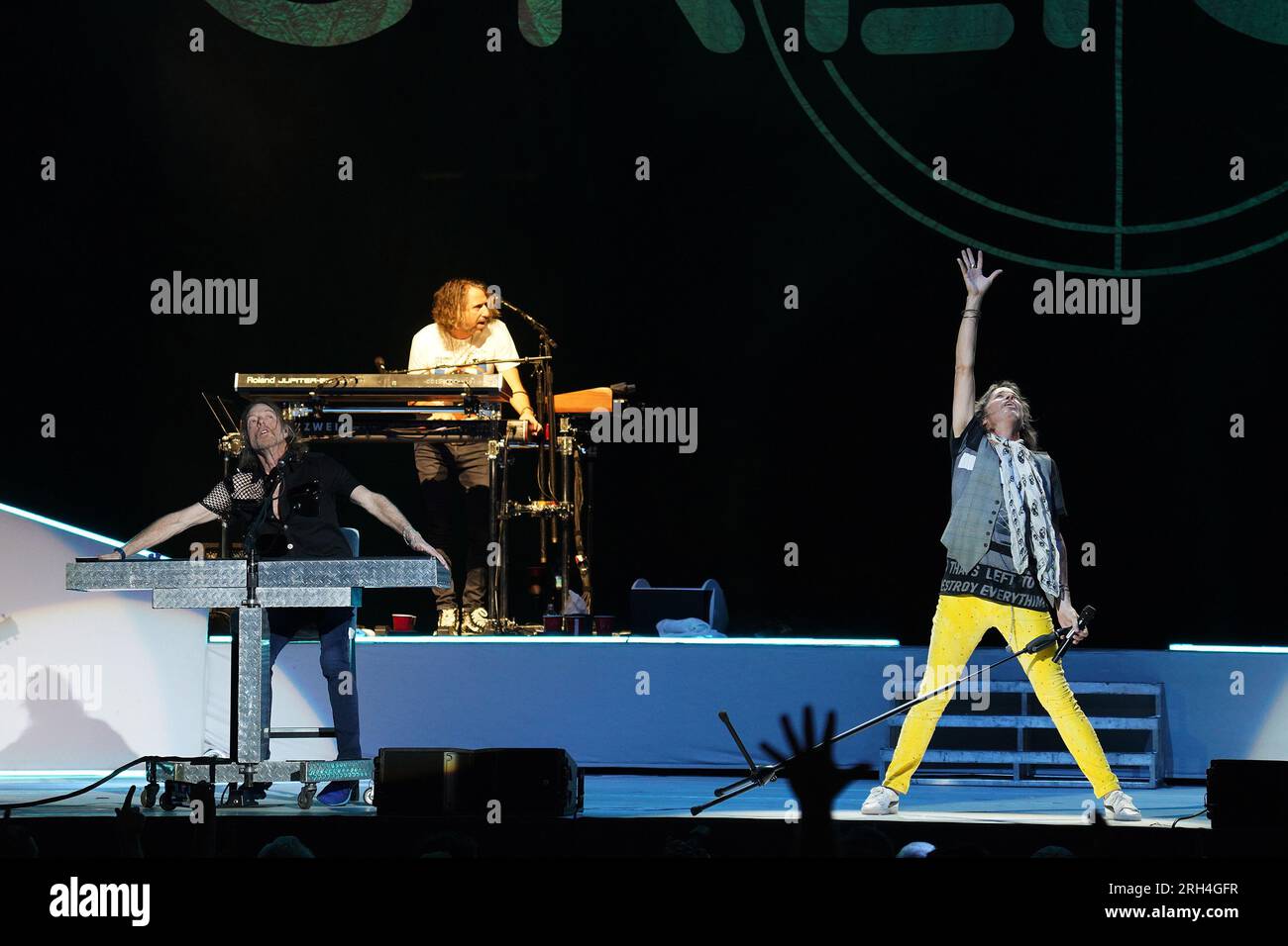 Dallas, Usa. 11. Aug. 2023. 11. August 2023, Dallas, Texas, USA: Kelly Hansen, Mitglied der amerikanischen Rockband „Foreign“, tritt im Rahmen der Historic Farewell Tour im Dos Equis Pavilion am Freitag, den 11. August 2023 in Dallas, Texas, USA auf der Bühne auf. (Foto: Javier Vicencio/Eyepix Group) Kredit: Eyepix Group/Alamy Live News Stockfoto
