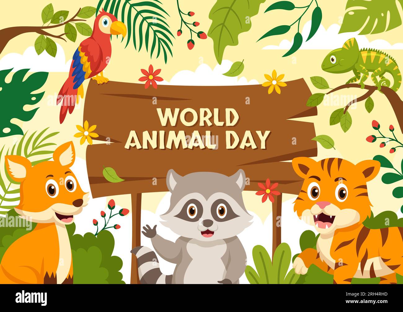 World Animal Day Vector Illustration mit verschiedenen Tieren oder Wildtieren für Habitat Protection and Forest in Flat Cartoon Background Templates Stock Vektor