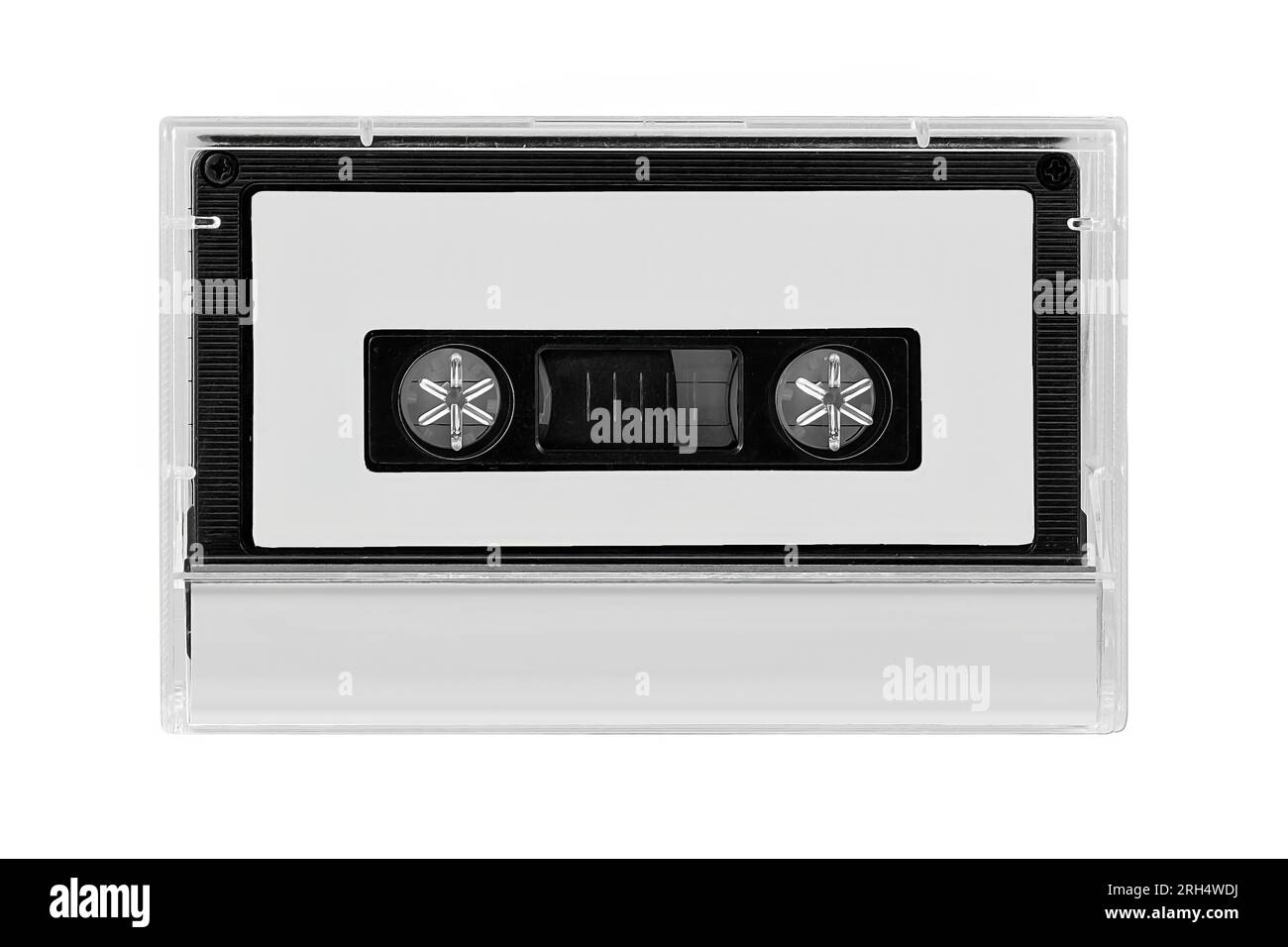 Kompaktes Audio-Kassettenetikett isoliert. Kompakte Audiokassette mit leerer Anzeige in transparenter Box. Modellvorlage Stockfoto