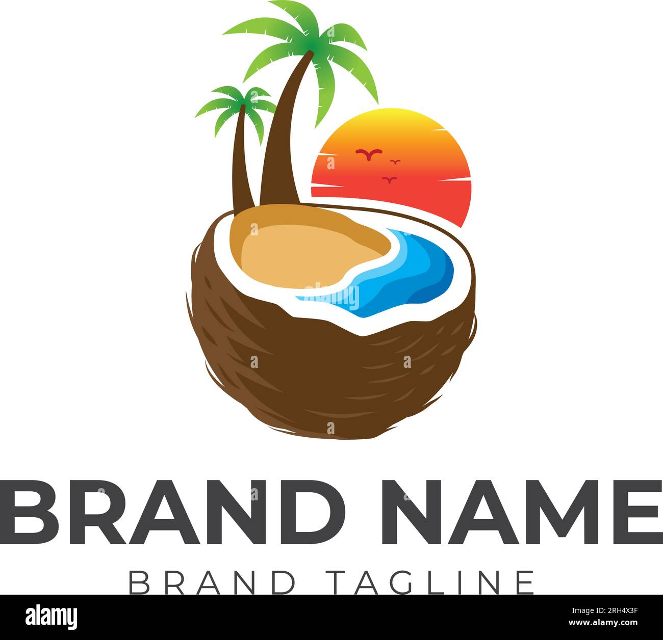 Coconut Beach Logo. Kombiniertes Logo aus Kokosnuss unterhalb des Strandlogos. Logo-Vorlage. Stock Vektor