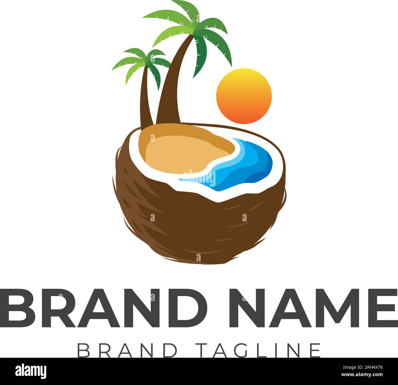 Coconut Beach Logo. Kombiniertes Logo aus Kokosnuss unterhalb des Strandlogos. Logo-Vorlage. Stock Vektor