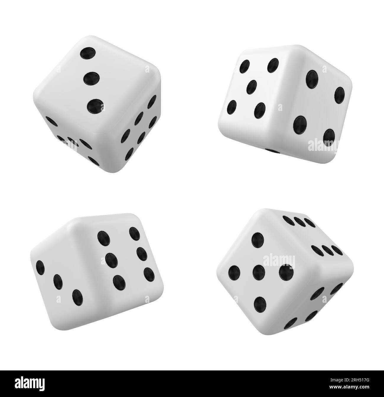 3D isolierte, realistische Würfel in Weiß für das Casino-Spiel-Vektorsymbol. Backgammon-Glückswürfelrolle mit 1, 6 oder zwei Punkten. Zufallsdrehung mit „Square Luck“ für Poker-Entertainment-Illustration Stock Vektor