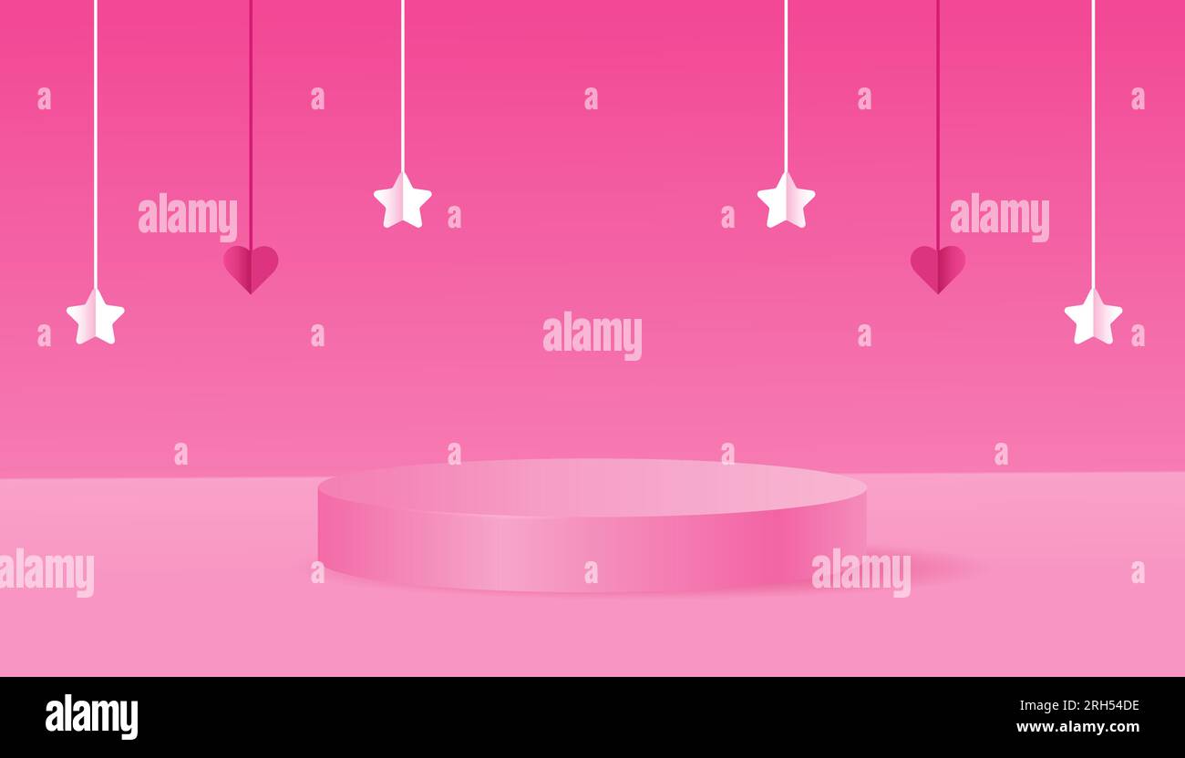 Hintergrund rosa mit einem Podium und einer minimalen Szene an der Wand. Rosafarbener Hintergrund im Puppenstil. Bühne für die Puppe. Vektor Stock Vektor