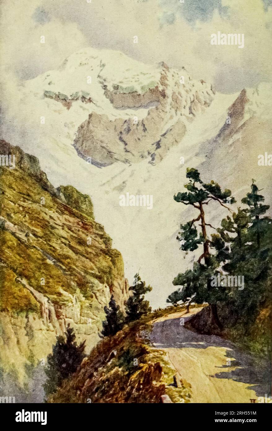 Das Aquarellgemälde Ortler Spitze aus dem Buch " Austria-Hungary " von Mitton, G. E. (Geraldine Edith) Publikation vom 1915 London A. und C. Black Stockfoto