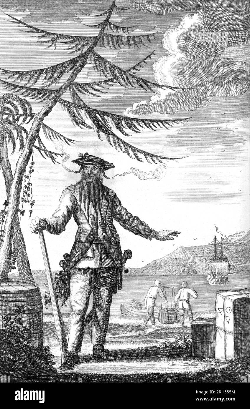 Edward Teach (alternativ Edward Thatch, ca. 1680. Bis 22. November 1718), besser bekannt als Blackbeard, war ein englischer Pirat, der um die Westindischen Inseln und die Ostküste der nordamerikanischen Kolonien Großbritanniens operierte. Stockfoto