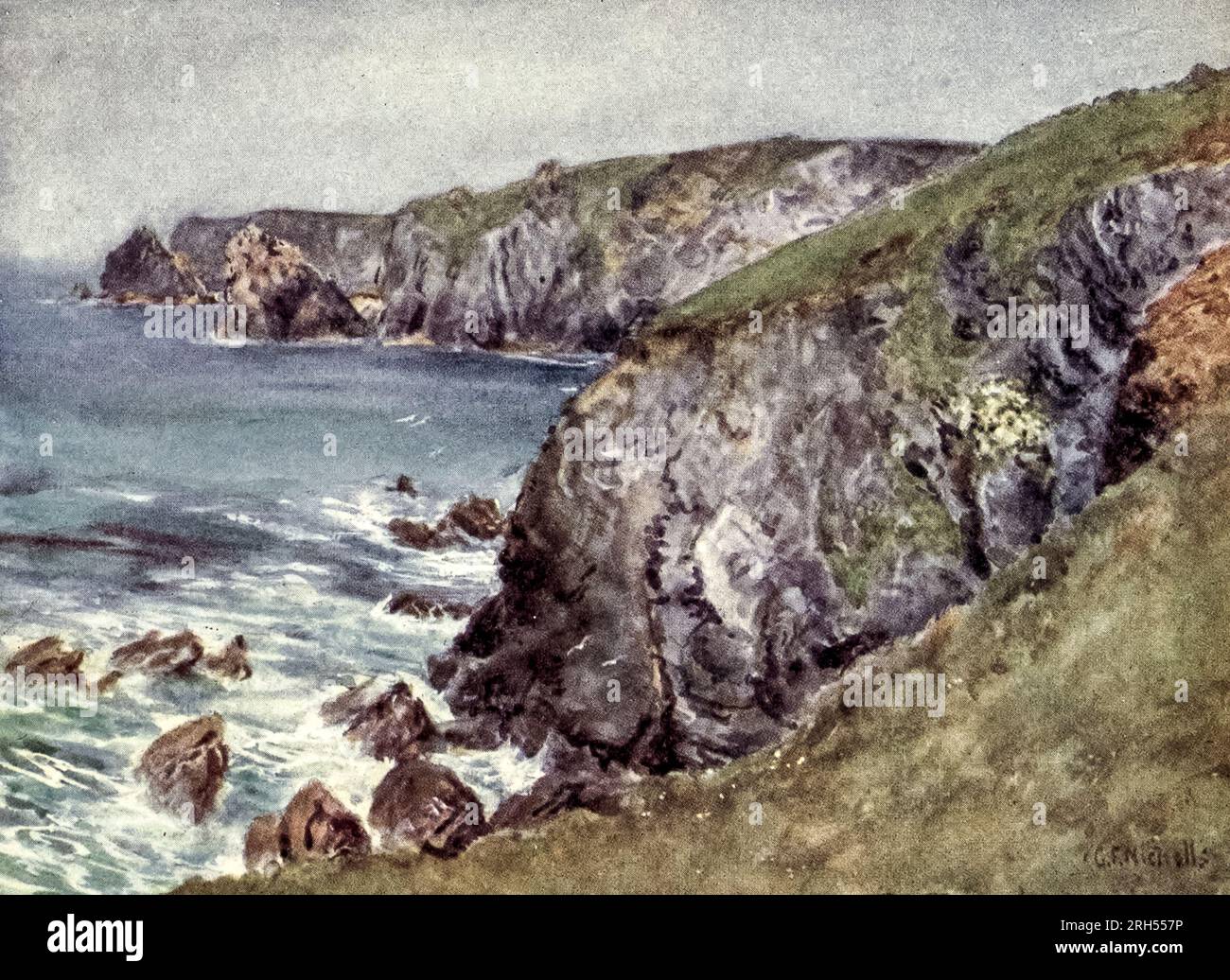 The Coast near the Lizard Watercolour von George F. Nicholls, aus dem Buch ' Cornwall ' von Geraldine Edith Mitton, Herausgeber London : A. & C. Black 1915 Stockfoto