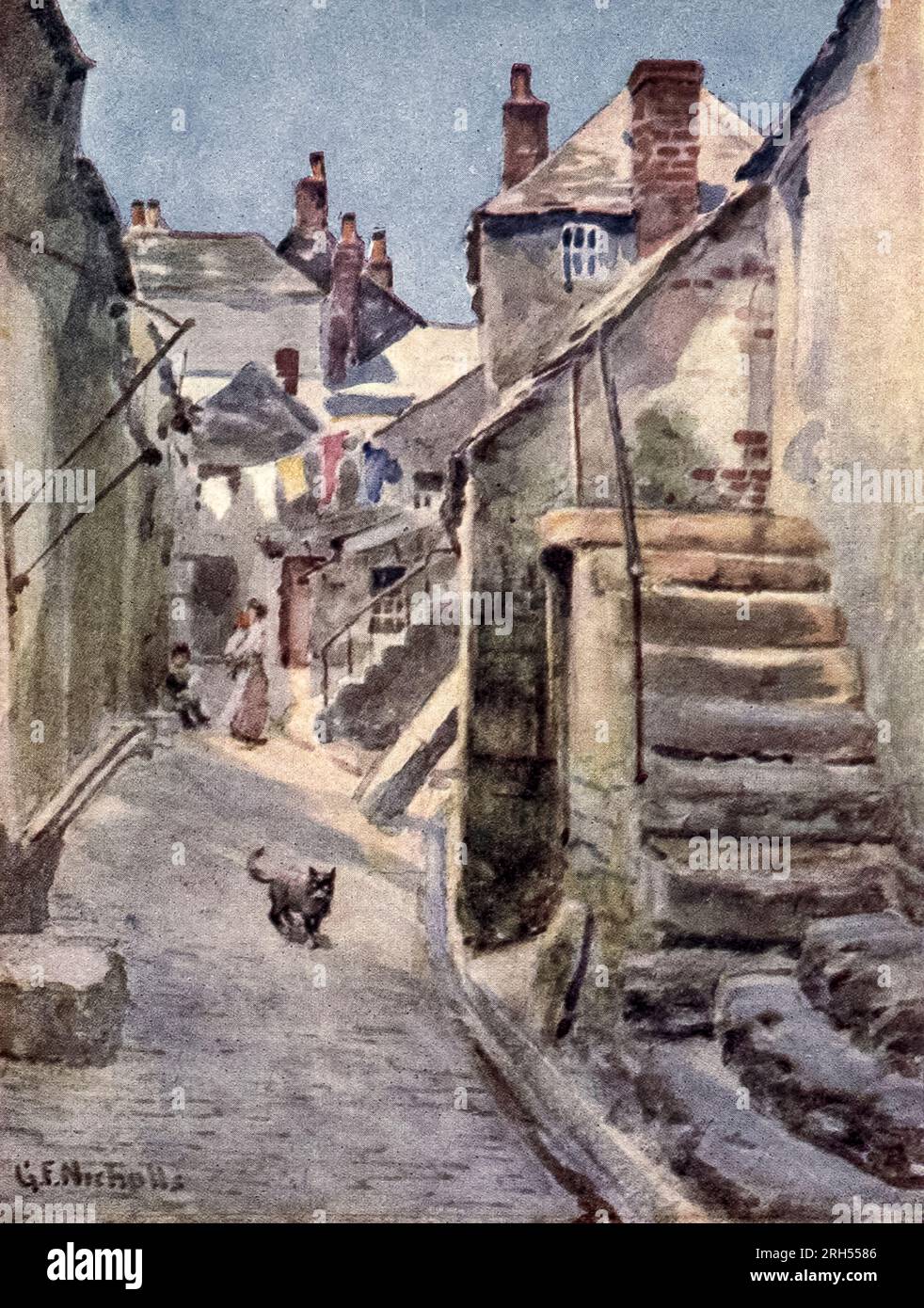 Eine Straße in St. Ives Watercolour von George F. Nicholls, aus dem Buch ' Cornwall ' von Geraldine Edith Mitton, Herausgeber London : A. & C. Black 1915 Stockfoto