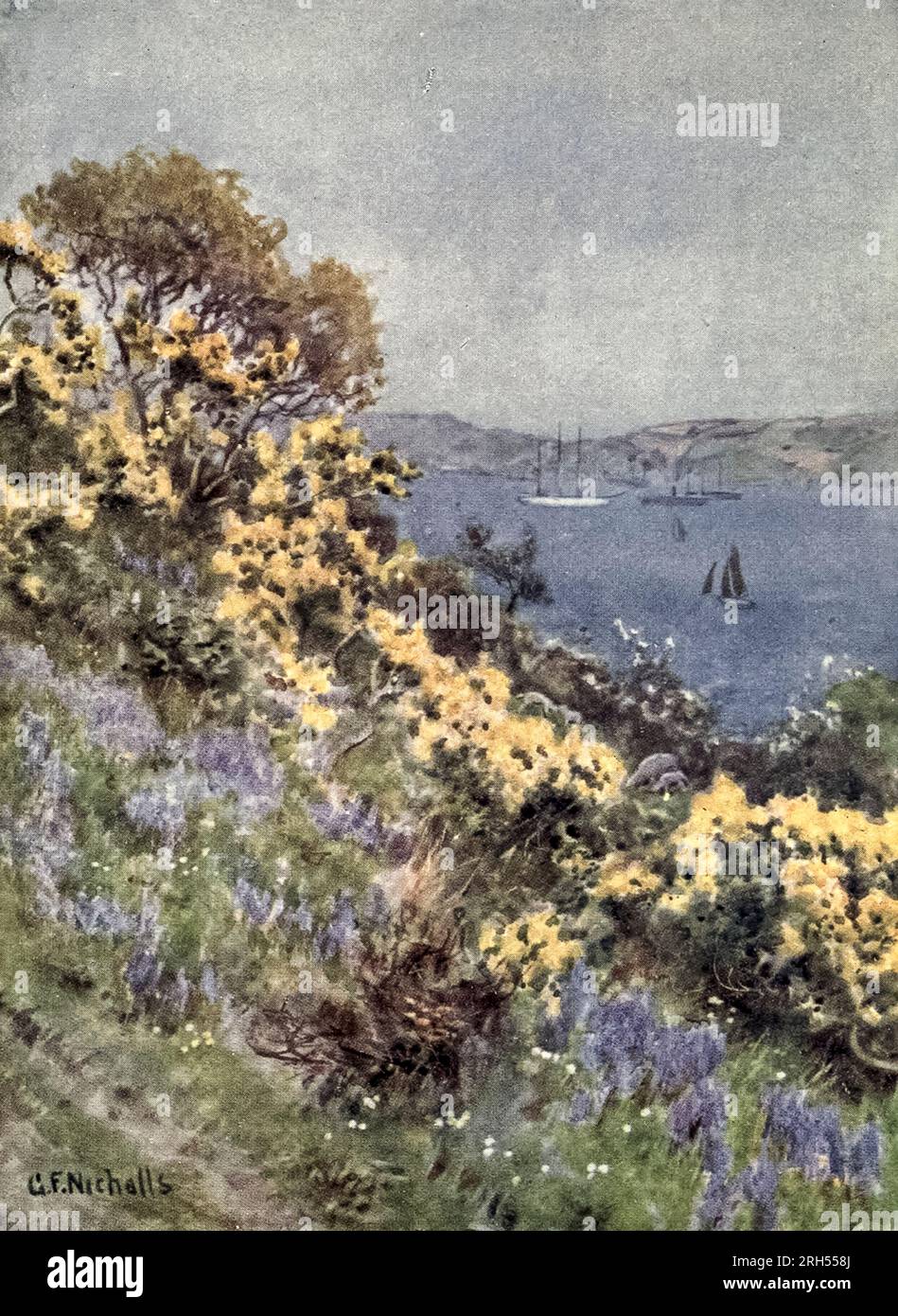 The Banks of the Fal, Falmouth Watercolour von George F. Nicholls, aus dem Buch ' Cornwall ' von Geraldine Edith Mitton, Herausgeber London : A. & C. Black 1915 Stockfoto