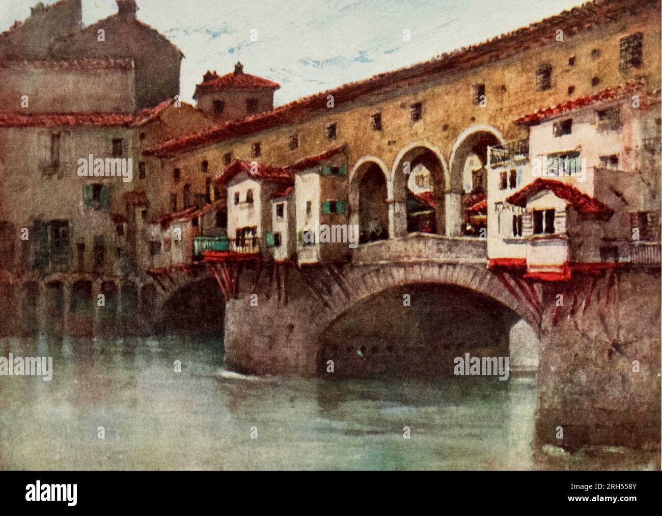 EAST SIDE OF THE PONTE VECCHIO aus dem Buch " Florence " aus der Reihe " Peeps at Great Cities " von Elizabeth Wilson Grierson, illustriert von Colonel R. Goff Veröffentlicht von Adam & Charles Black, London 1912 Robert Charles Goff (1837-1922) war ein Druckmacher und Maler, der sich auf topografische Szenen spezialisierte Stockfoto