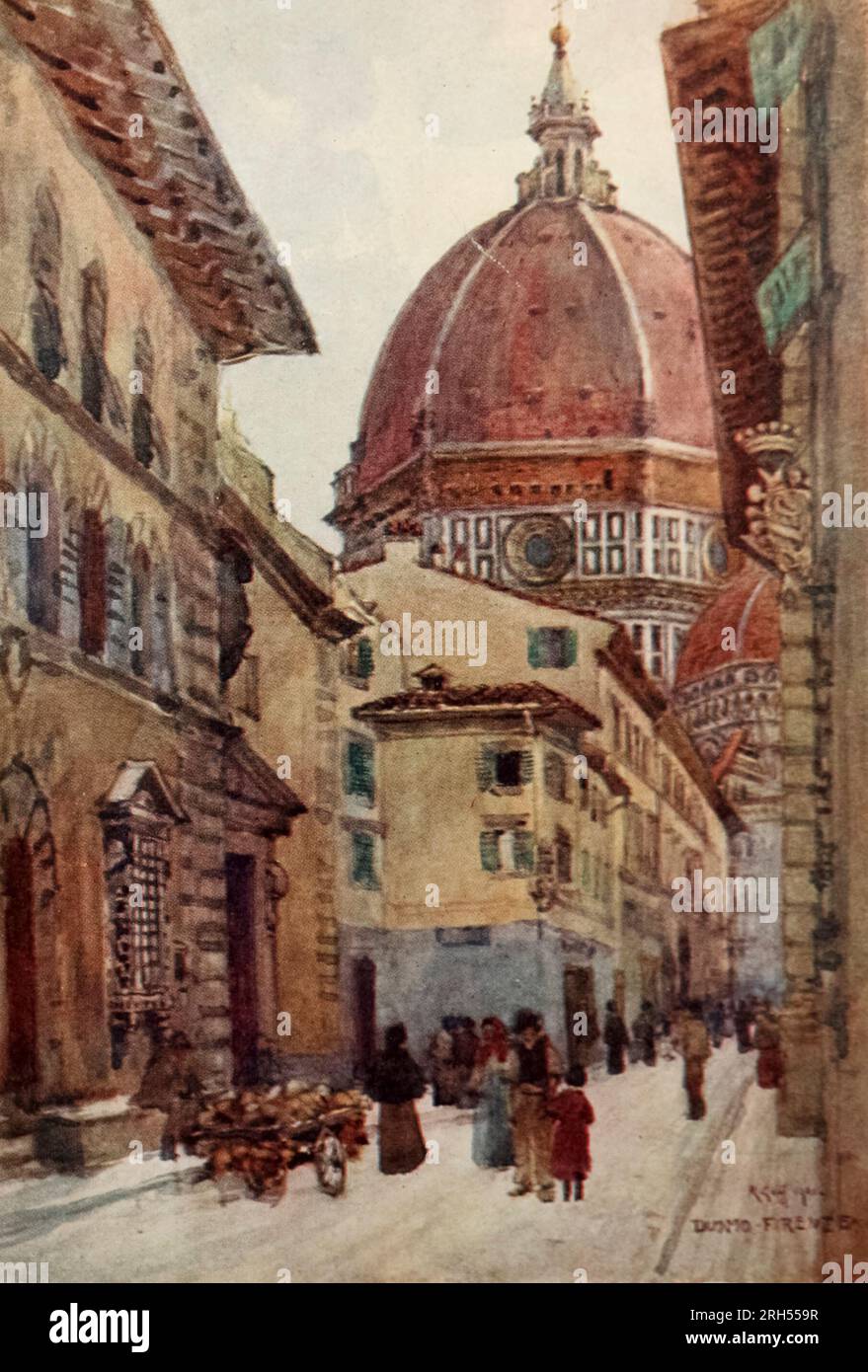 VIA DE'SERVI ZEIGT DUOMO aus dem Buch ' Florence ' aus der Serie ' Peeps at Great Cities ' von Elizabeth Wilson Grierson, illustriert von Colonel R. Goff Veröffentlicht von Adam & Charles Black, London 1912 Robert Charles Goff (1837-1922) war ein Druckmacher und Maler, der sich auf topographische Szenen spezialisiert hat Stockfoto