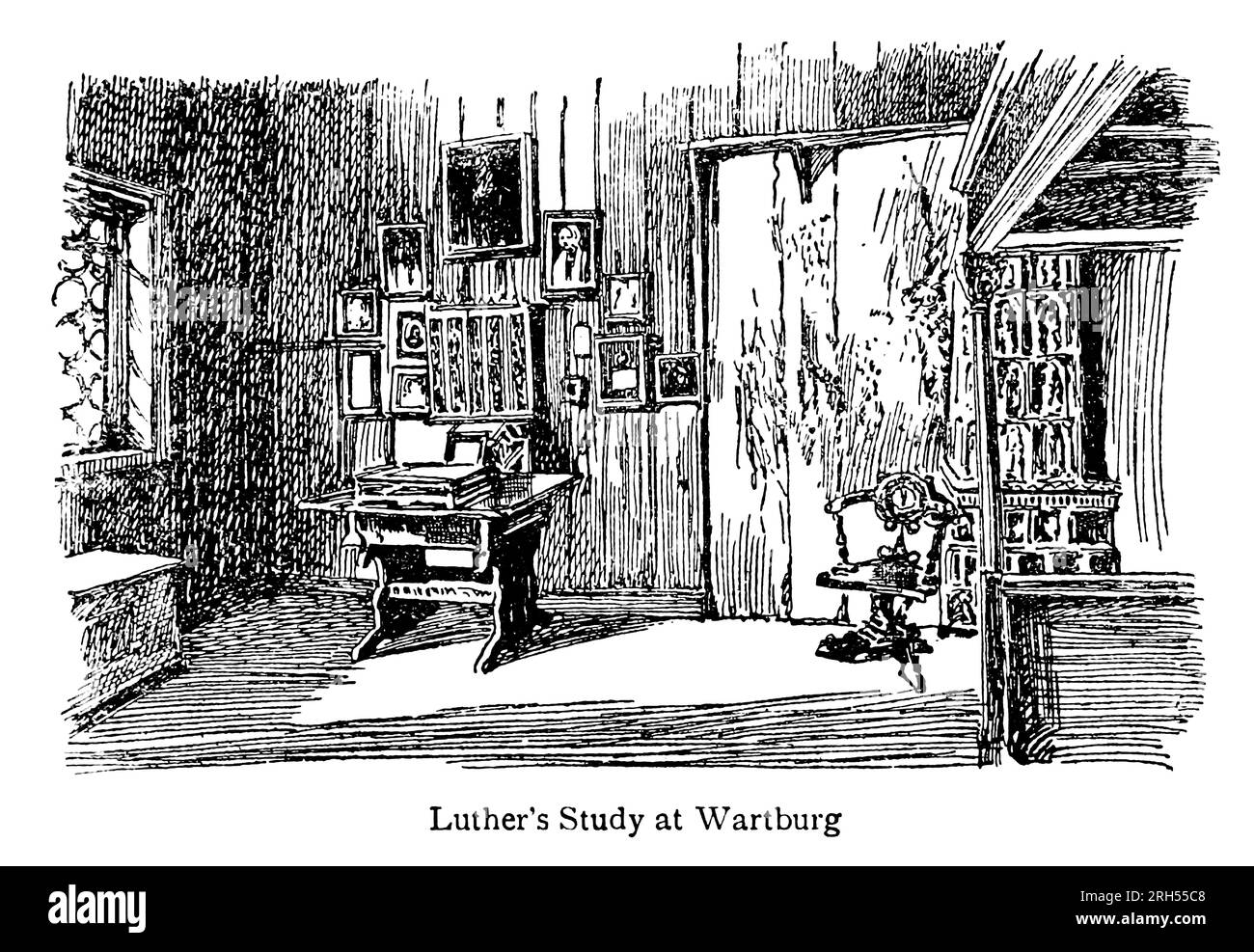 Luthers Studium in Wartburg aus dem Buch " Deutschland " John Finnemore (1863-1915) war ein britischer Lehrer und Autor von fiktiven Romanen und Geschichts- und Geografietexten von Ländern - die meisten sind für jüngere Leser. Finnemore hat Geschichten in beliebten Jungenzeitschriften seiner Zeit erzählt, wie z. B. The Boy's Own Paper und Boys' Realm, aber man erinnert sich am besten an seine Bücher über Teddy Lester und seine Freunde in Slapton, einer fiktiven englischen öffentlichen Schule. Die Geschichten sind stark sportlich ausgerichtet, und Lester ist in Rugby, Cricket und anderen Spielen hervorragend. Er schrieb auch ein paar Erwachsenenromane. Finnemore war es Stockfoto
