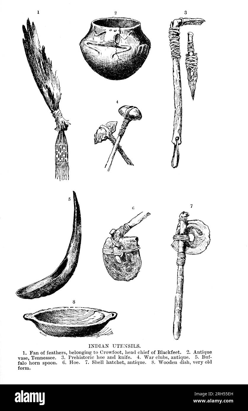 Indische Utensilien 1. Fan von Federn, gehört Crowfoot, Chefarzt von Blackfeet. 2. Antike Vase, Tennessee. 3. Prähistorische Hacke und Messer. 4. Kriegsklubs, Antiquitäten. 5. Büffelhornlöffel. G. Hacke 7. Muschelbeil, antik. 8. Holzschale, sehr alte Form. Aus dem Buch " The Song of Hiawatha " von Longfellow, Henry Wadsworth, 1807-1882 Veröffentlicht von Mifflin and Company im Jahr 1898 Stockfoto