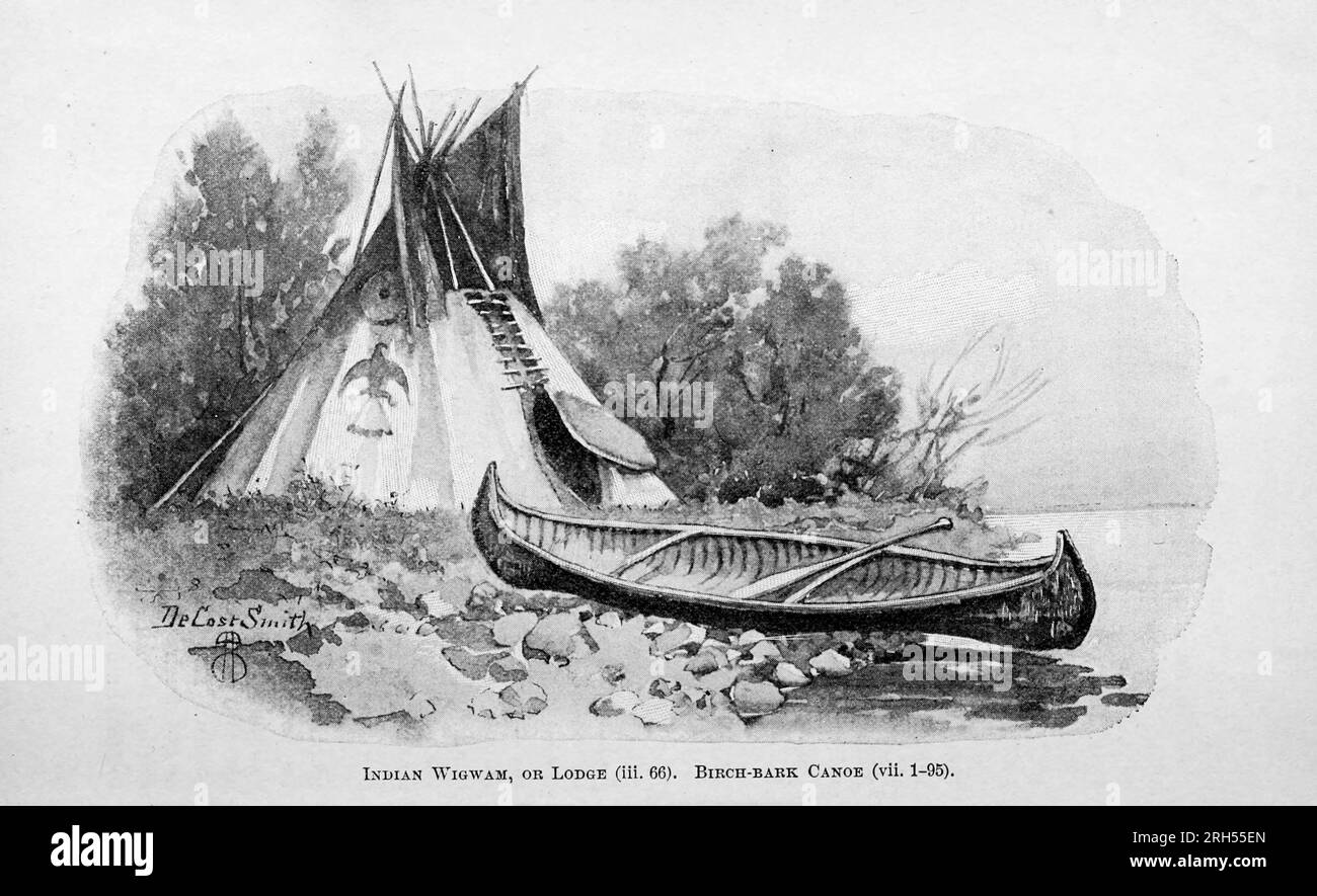 Indian Wigwam und Birch-Bark Kanu aus dem Buch " The Song of Hiawatha " von Longfellow, Henry Wadsworth, 1807-1882 Veröffentlicht von Mifflin and Company im Jahr 1898 Stockfoto