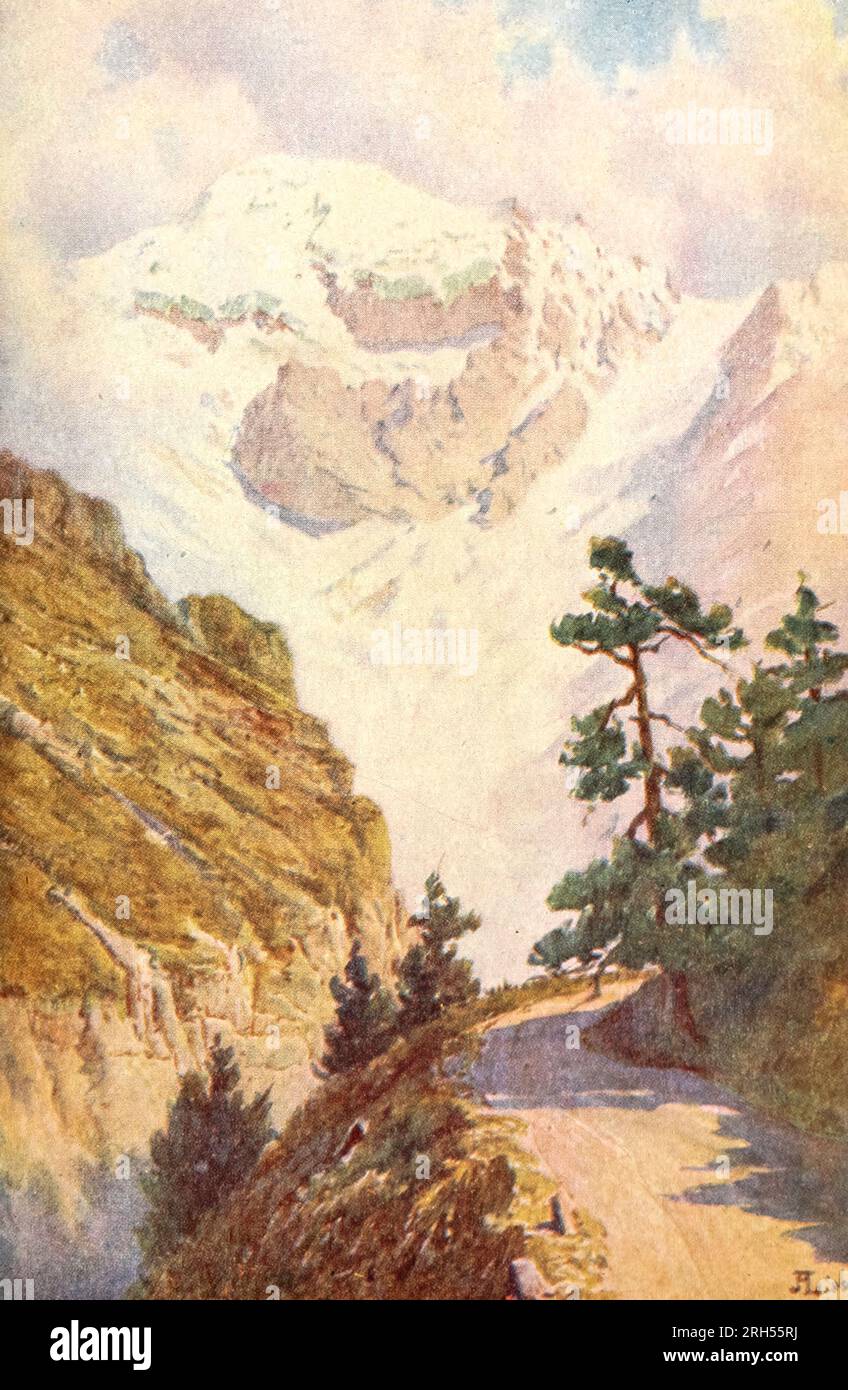 EIN ALPENPASS IM SOMMER aus dem Buch " Italien " Teil der Serie " Peeps of History " von John Finnemore John Finnemore (1863–1915) war ein britischer Lehrer und Autor von fiktiven Romanen und Geschichte und Geografie-Texten von Ländern - die meisten sind für jüngere Leser. Finnemore hat Geschichten in beliebten Jungenzeitschriften seiner Zeit erzählt, wie z. B. The Boy's Own Paper und Boys' Realm, aber man erinnert sich am besten an seine Bücher über Teddy Lester und seine Freunde in Slapton, einer fiktiven englischen öffentlichen Schule. Die Geschichten sind stark sportlich ausgerichtet, und Lester ist in Rugby, Cricket und anderen Bereichen hervorragend Stockfoto