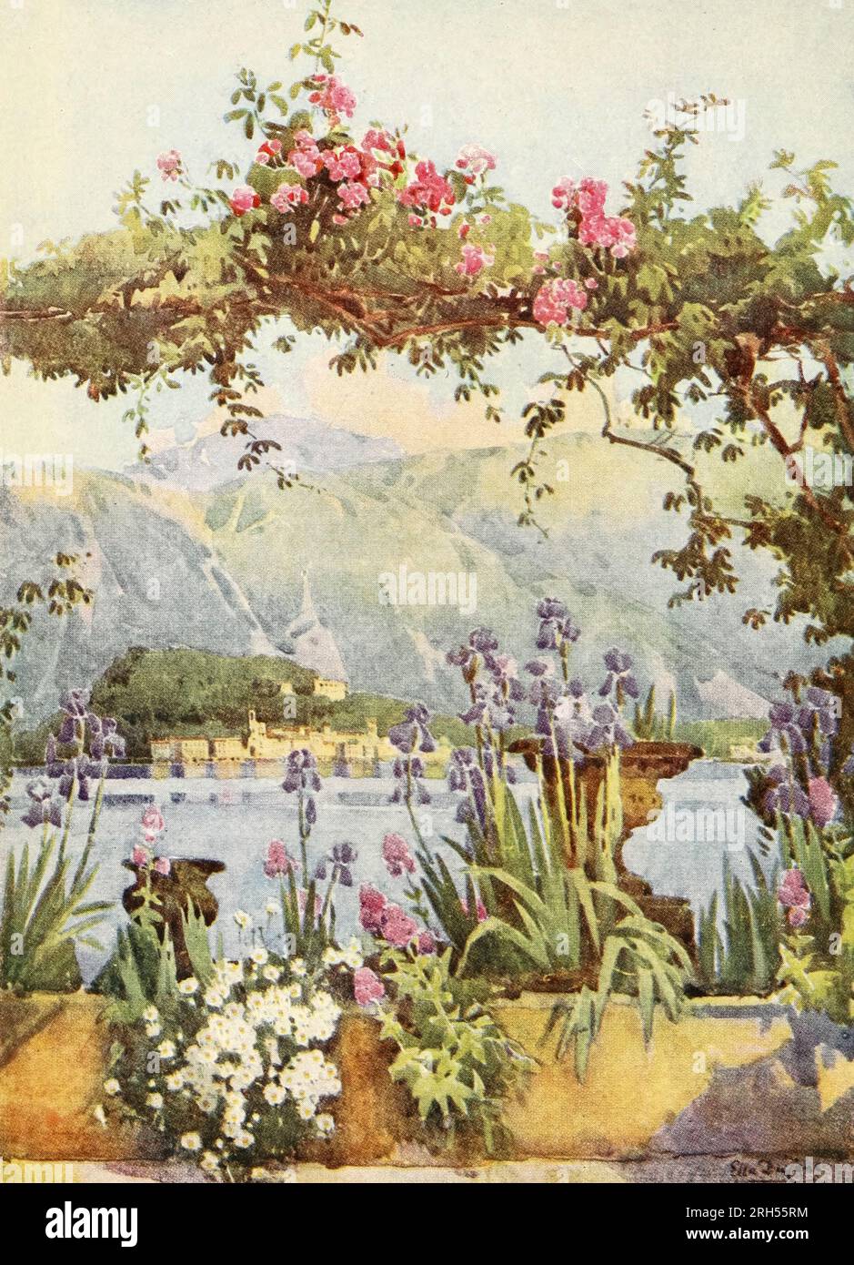 Ein GARTEN IN CADENABBIA, COMER SEE aus dem Buch " Italien " Teil der Serie " Peeps of History " von John Finnemore (1863-1915) war ein britischer Lehrer und Schriftsteller von fiktiven Romanen und Geschichte und Geografie-Texten von Ländern - die meisten sind für jüngere Leser. Finnemore hat Geschichten in beliebten Jungenzeitschriften seiner Zeit erzählt, wie z. B. The Boy's Own Paper und Boys' Realm, aber man erinnert sich am besten an seine Bücher über Teddy Lester und seine Freunde in Slapton, einer fiktiven englischen öffentlichen Schule. Die Geschichten sind stark sportlich ausgerichtet, und Lester ist in Rugby, Cricket und anderen Spielen hervorragend. Stockfoto