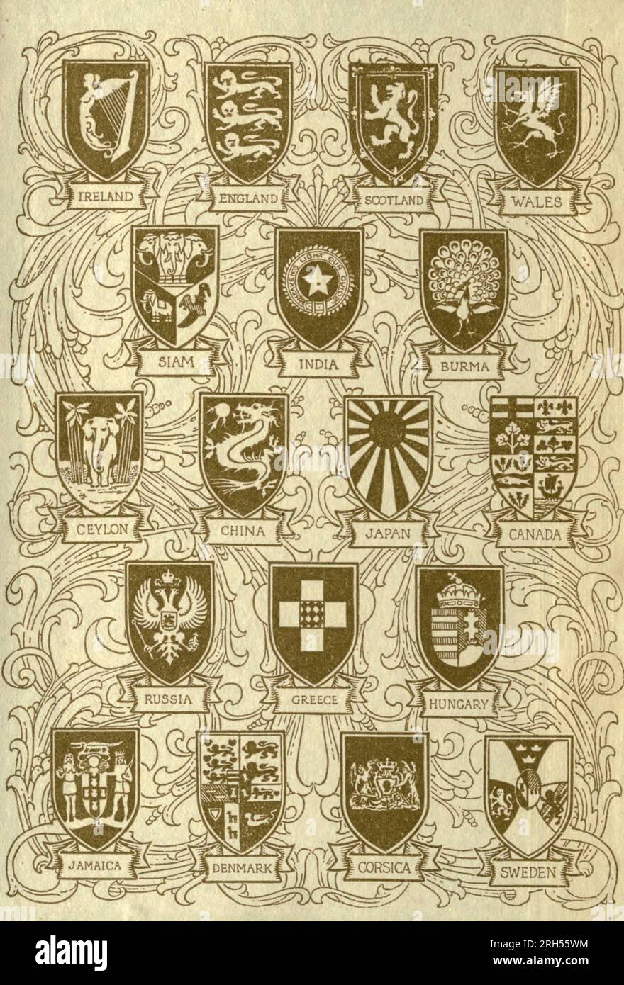 Sammlung von National Coat of Arms Irland, England, Schottland, Wales, Siam, Indien, Birma, Ceylon, China, Japan, Kanada, Russland, Griechenland, Ungarn, Jamaika, Dänemark, Korsika, Sweeden, aus dem Buch „ Japan “, Teil der Serie „ Peeps of History “ von John Finnemore, illustriert von Ella Du Cane Ella Du Cane (1874-1943), war eine britische Künstlerin, die am besten für ihre Aquarelle von Landschaften und exotischen Orten bekannt ist. Veröffentlichungsdatum 1910 Herausgeber London : Adam und Charles Black Stockfoto