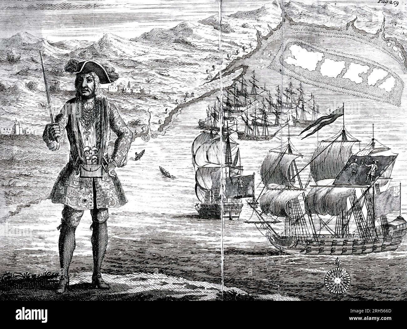 Kapitän Bartho Roberts mit zwei Schiffen, dem Königlichen Vermögen und dem Ranger, segelt in der Whydah Road Ouidah an der Küste Guiney (Guinea). Januar 11. 1722 Bartholomew Roberts (17. Mai 1682 – 10. Februar 1722), geboren John Roberts, war ein walisischer Pirat, der, gemessen an Schiffen, die gefangen wurden, der erfolgreichste Pirat des Goldenen Zeitalters der Piraterie. Während seiner Piratenkarriere hat er über 470 preisgekrönte Schiffe übernommen. Roberts hat zwischen 1719 und 1722 Schiffe vor der amerikanischen Küste und der westafrikanischen Küste überfallen; er ist auch dafür bekannt, dass er seinen eigenen Piratenkodex entwickelt und eine frühe Variante des Skull and Crossbones FLA eingeführt hat Stockfoto