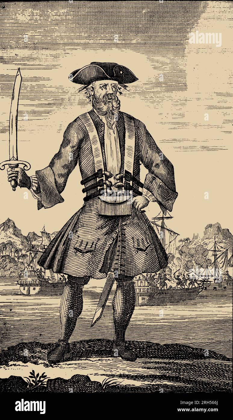 Edward Teach (alternativ Edward Thatch, ca. 1680. Bis 22. November 1718), besser bekannt als Blackbeard, war ein englischer Pirat, der um die Westindischen Inseln und die Ostküste der nordamerikanischen Kolonien Großbritanniens operierte. Aus dem Buch Eine allgemeine Geschichte der pyrate, von ihrem ersten Aufstieg und ihrer Siedlung auf der Insel Providence bis zur Gegenwart. Mit den bemerkenswerten Aktionen und Abenteuern der beiden weiblichen pyrates Mary Read und Anne Bonny von Captain Charles Johnson und Daniel Defoe, Publication Date 1724 Publisher London : gedruckt für und verkauft von T. Warner, im Black-Boy in Pat Stockfoto