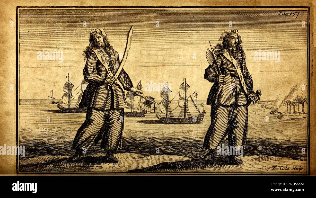 Mary Read (1685.-28. April 1721), auch bekannt als Mark Read, war eine englische Pirat. Anne Bonny (ca. 1697–1700 – verschwand am 1721. April), manchmal Anne Bonney, war eine irische Piratin, waren zwei berühmte weibliche Piraten aus dem 18. Jahrhundert und unter den wenigen Frauen, die bekanntermaßen auf dem Höhepunkt des „Goldenen Zeitalters der Piraterie“ der Piraterie überführt wurden. Aus dem Buch Eine allgemeine Geschichte der pyrate, von ihrem ersten Aufstieg und ihrer Siedlung auf der Insel Providence bis zur Gegenwart. Mit den bemerkenswerten Aktionen und Abenteuern der beiden weiblichen pyrates Mary Read und Anne Bonny von Captain Charles Johnson und Stockfoto