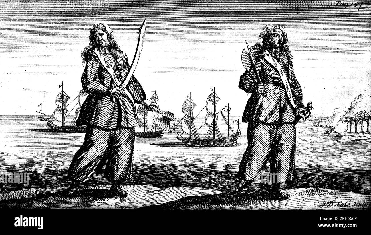 Mary Read (1685.-28. April 1721), auch bekannt als Mark Read, war eine englische Pirat. Anne Bonny (ca. 1697–1700 – verschwand am 1721. April), manchmal Anne Bonney, war eine irische Piratin, waren zwei berühmte weibliche Piraten aus dem 18. Jahrhundert und unter den wenigen Frauen, die bekanntermaßen auf dem Höhepunkt des „Goldenen Zeitalters der Piraterie“ der Piraterie überführt wurden. Aus dem Buch Eine allgemeine Geschichte der pyrate, von ihrem ersten Aufstieg und ihrer Siedlung auf der Insel Providence bis zur Gegenwart. Mit den bemerkenswerten Aktionen und Abenteuern der beiden weiblichen pyrates Mary Read und Anne Bonny von Captain Charles Johnson und Stockfoto