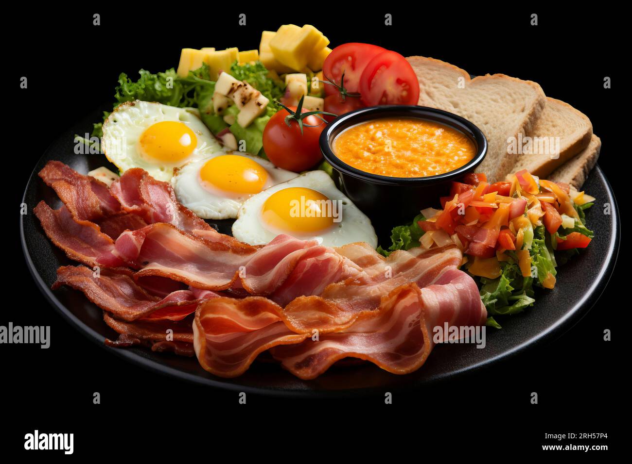 Eine köstliche Auswahl klassischer amerikanischer Frühstücksgerichte mit Eiern, Speck und anderen verschiedenen Speisen. Stockfoto