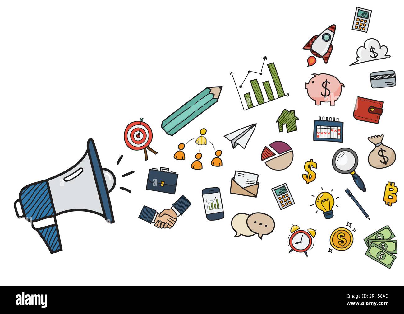Megaphon mit Business-Doodles handgezeichnete Icons. Vektorgrafik Stock Vektor