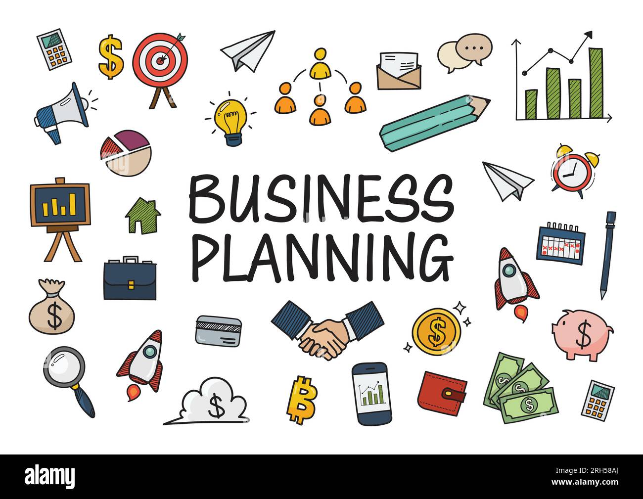 Die Geschäftsabteilung kritzelt handgezeichnete Farbsymbole. Vektordarstellung Stock Vektor