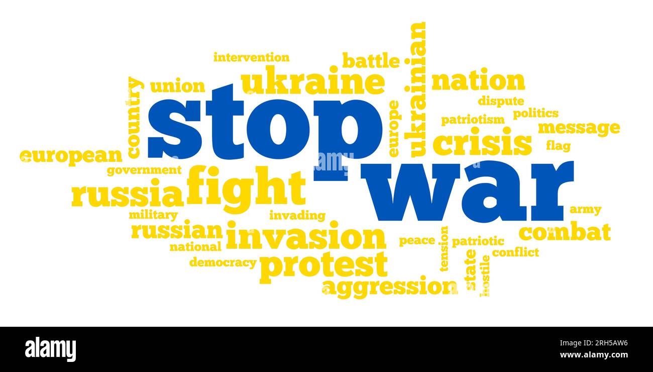 Wordwolke mit dem "STOP WAR" Text, der sich mit dem Konflikt zwischen der Ukraine und Russland befasst Stockfoto