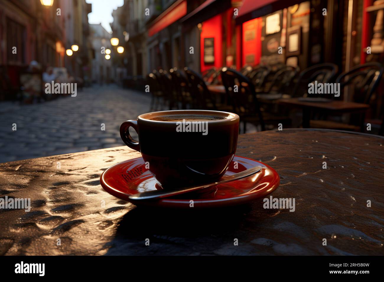 Ein frisch gebrühter Espresso in einer klassischen Tasse, elegant auf einem Tisch am Straßenrand platziert, der europäische Café-Atmosphäre vermittelt. Stockfoto