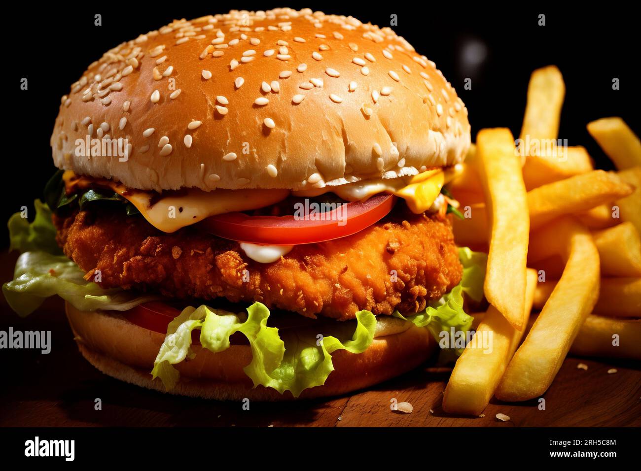 Köstlicher Hähnchenburger mit knusprigen Pommes auf rustikalem Hintergrund, ein leckerer Leckerbissen Stockfoto