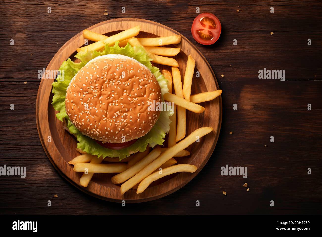 Ein köstlicher Hähnchenburger mit knusprigen Pommes Frites im rustikalen Hintergrund mit reichlich Platz für Texte Stockfoto