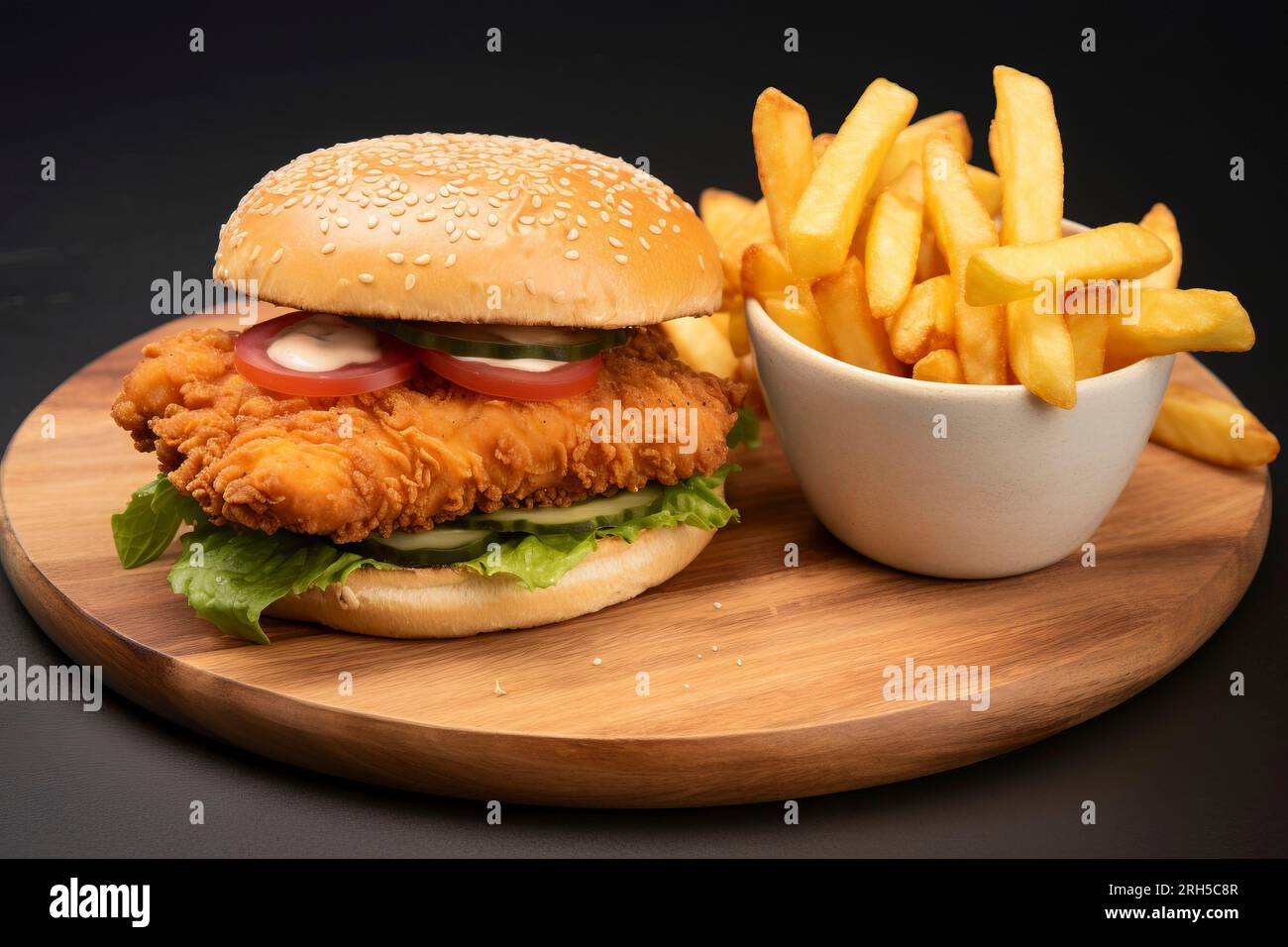 Köstlicher Hähnchenburger mit knusprigen Pommes auf rustikalem Hintergrund, ein leckerer Leckerbissen Stockfoto