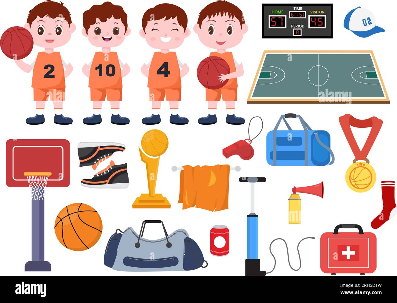 Legen Sie die Vektordarstellung für Basketballelemente mit verschiedenen Basketbällen in Flat Cartoon für Webbanner- oder Aufklebervorlagen fest Stock Vektor