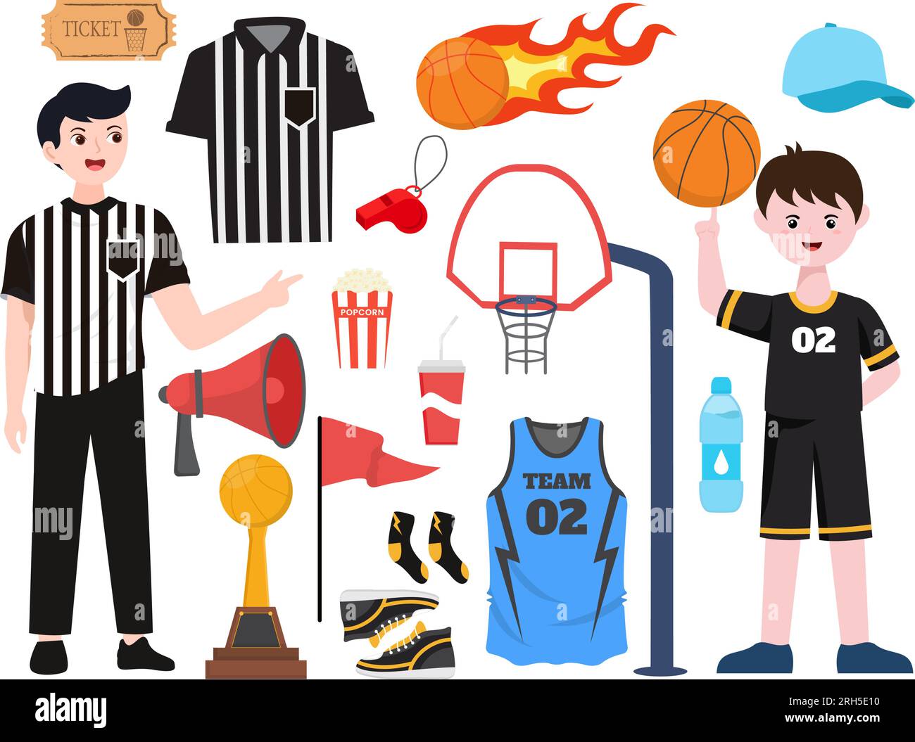 Legen Sie die Vektordarstellung für Basketballelemente mit verschiedenen Basketbällen in Flat Cartoon für Webbanner- oder Aufklebervorlagen fest Stock Vektor