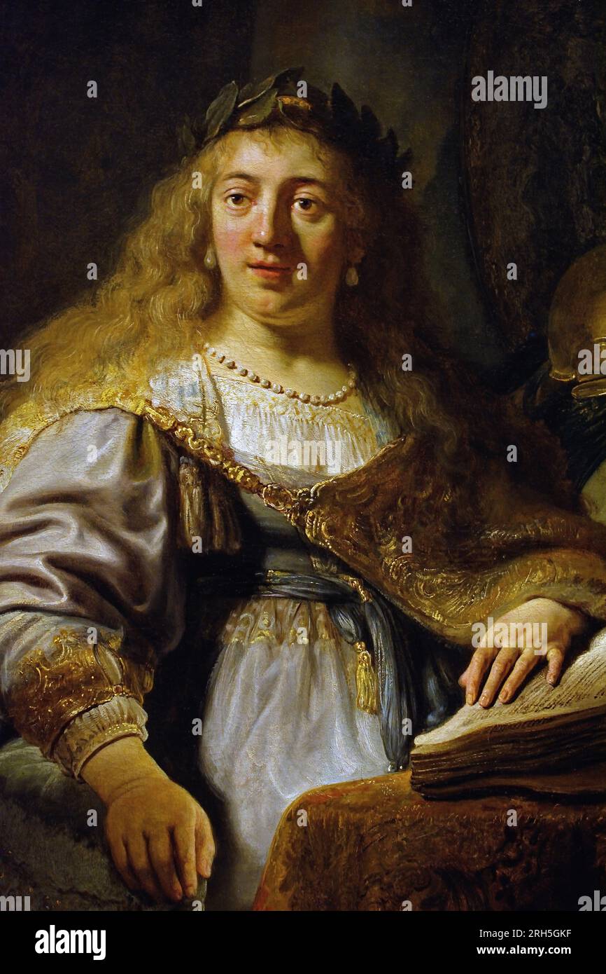Minerva in ihrer Studie, 1635 von Rembrandt Harmensz (Harmenszoon) van Rijn 1606–1669 17. Jahrhundert Niederlande Holland, hatte Minerva verschiedene Funktionen und Attribute. Sie war die jungfräuliche Göttin des Krieges, aber im Gegensatz zu ihren Kollegen Mars oder Bellona war sie weder kriegerisch noch grausam. Ihre erfinderische Strategie führte zum Sieg und war daher paradoxerweise auch die Göttin des Friedens. Sie war auch die Göttin der Weisheit, der Kunst, der Poesie, der Medizin und des Kunsthandwerks, insbesondere der Spinnen und Weben. Stockfoto