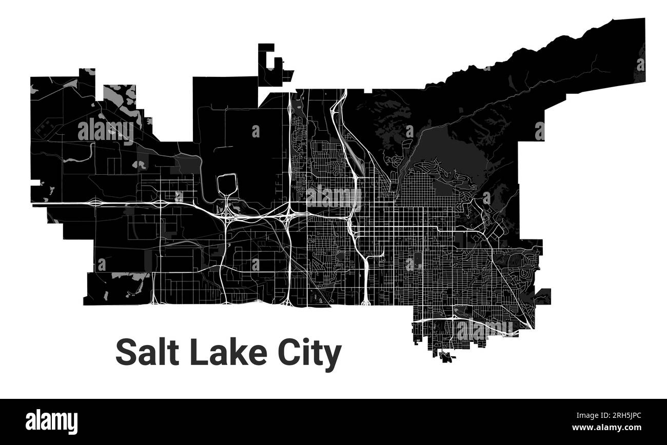Karte von Salt Lake City, Hauptstadt des US-Bundesstaats Utah. Kommunale Verwaltungsgrenzen, Schwarzweißkarte mit Flüssen und Straßen, Parks und Eisenbahnen Stock Vektor