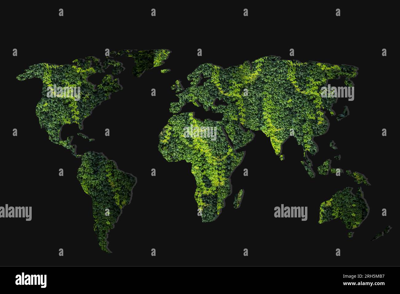 Grob umrissene Weltkarte mit grünen Pflanzen gefüllt Stockfoto