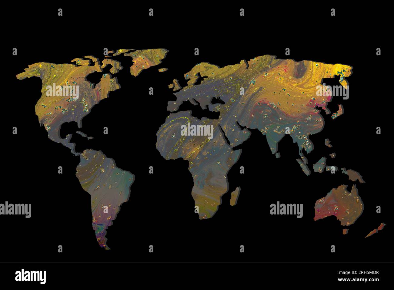 Grob umrissene Weltkarte auf schwarzem Hintergrund Stockfoto