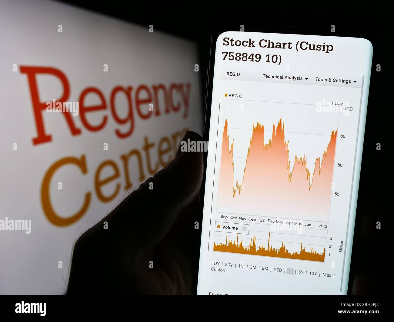 Person, die ein Mobiltelefon mit einer Website der US-amerikanischen Regency Centers Corporation auf dem Bildschirm vor dem Logo hält. Konzentrieren Sie sich auf die Mitte des Telefondisplays. Stockfoto