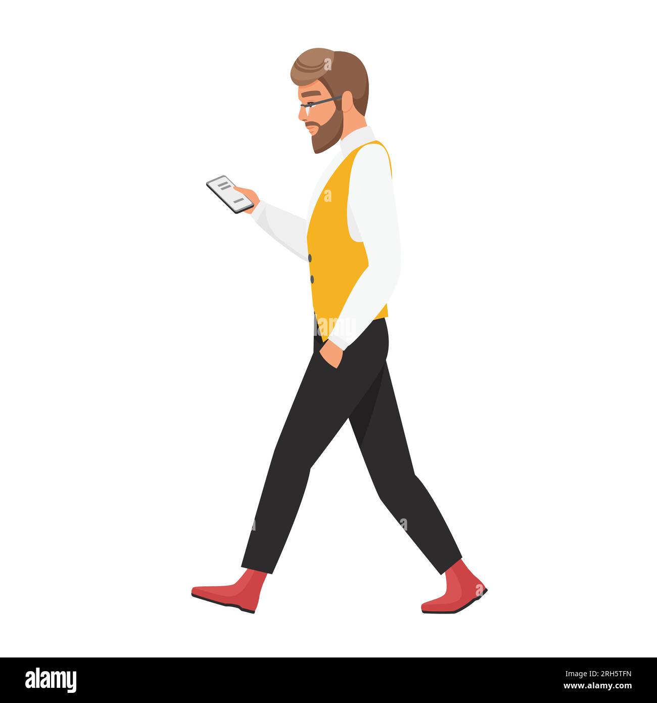 Hipster-Mann mit Smartphone. Ein wandelnder Hipster-Junge hat eine mobile Vektorgrafik Stock Vektor