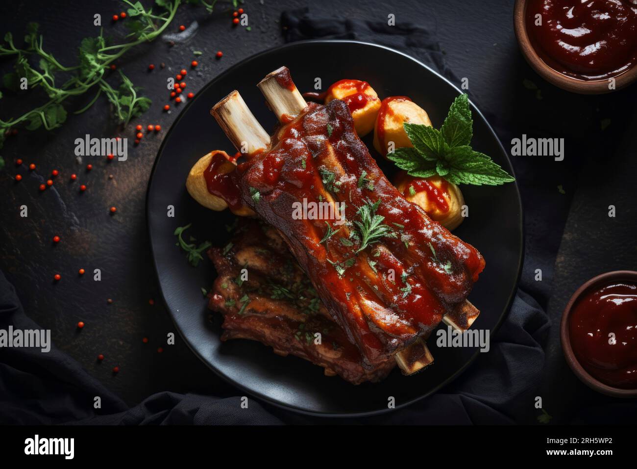 Perfekt gegrillte Schweinerippchen mit Sauce, serviert in rustikaler Speisezusammensetzung. Stockfoto
