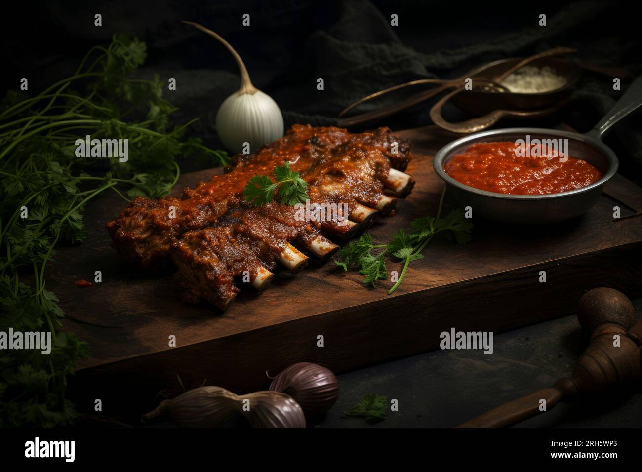 Perfekt gegrillte Schweinerippchen mit Sauce, serviert in rustikaler Speisezusammensetzung. Stockfoto