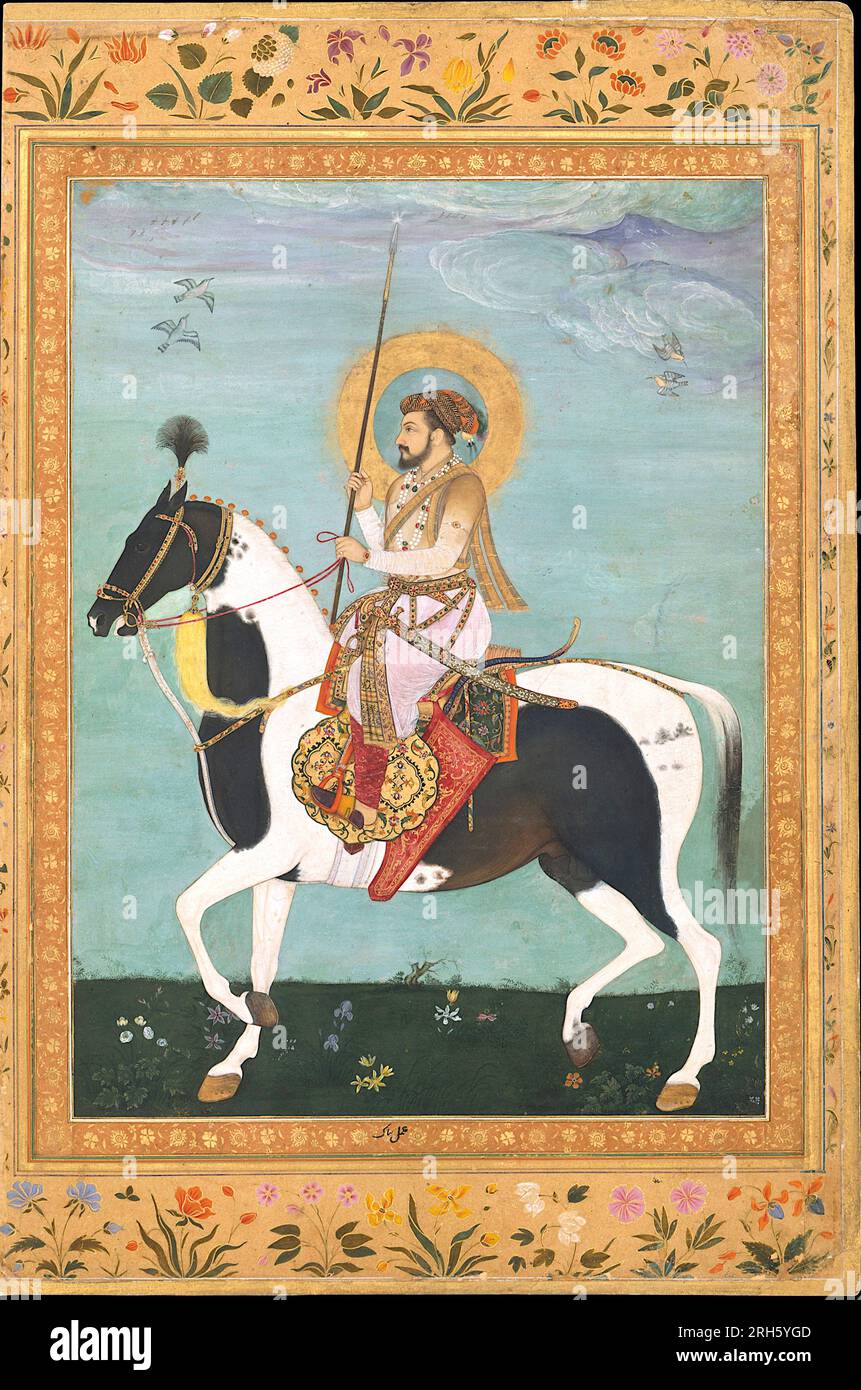 Shah Jahan auf dem Pferderücken, Folio aus dem Shah Jahan Album Ca. 1630, Stockfoto