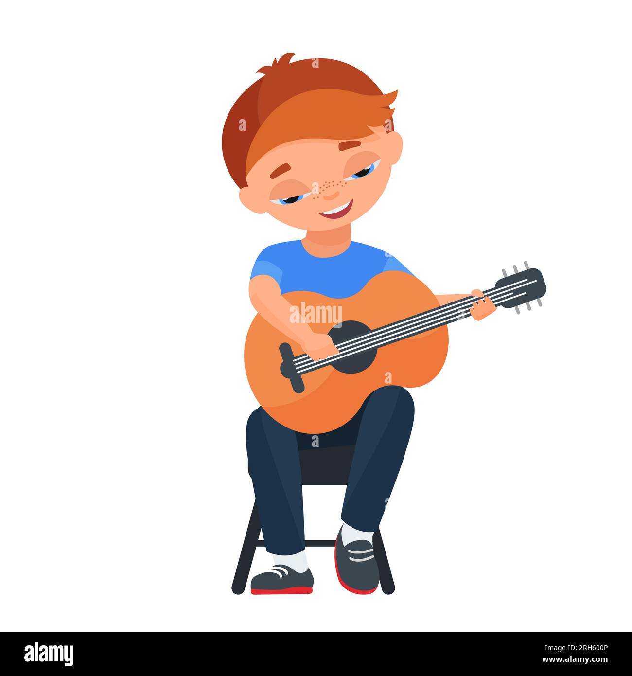 Kleiner Junge, der Gitarre spielt. Musikalische Kinder, Konzertkünstler in der Schule, Vektorzeichner Stock Vektor