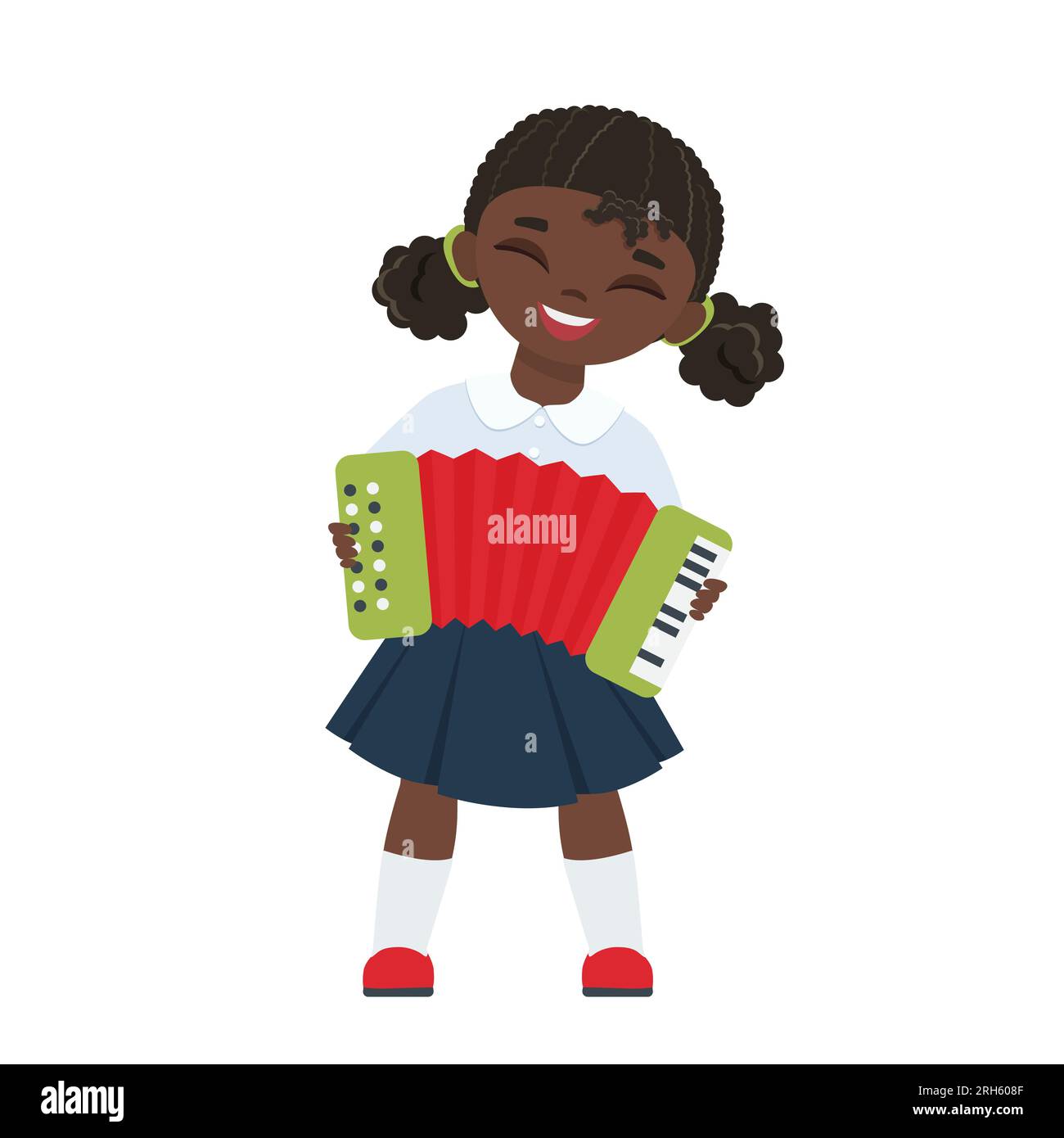 Kleines Mädchen spielt Akkordeon. Musikalische Darbietung für Kinder, Vektor-Zeichentrickfilm-Illustration des Schulorchesters Stock Vektor