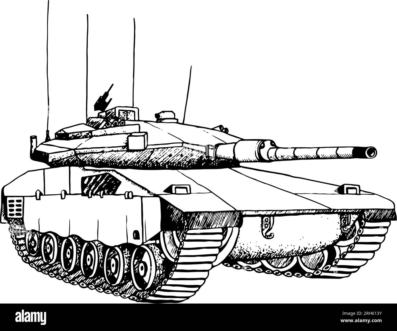 Schwarze und weiße Vektordarstellung des Tanks. Merkava Mark IV der israelischen Militärmaschinerie der Streitkräfte. Handgezeichnete Kriegsinte zum Clipart. Stock Vektor