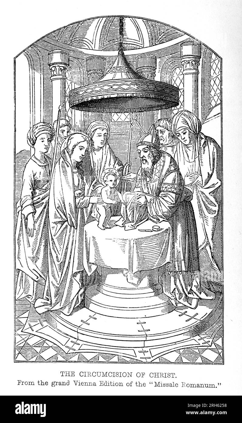 Die Beschneidung Christi, eine Linie aus der Großen Wiener Ausgabe des Missale Romanum. Leben der Heiligen von Sabin Baring-Gould. Stockfoto